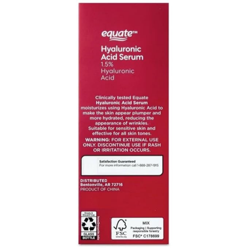 Equate Hyaluronic Acid Serum, 1.5% Pure Hyaluronic Acid, Fragrance Free, Dermatologist Tested, 1.01 FL OZ