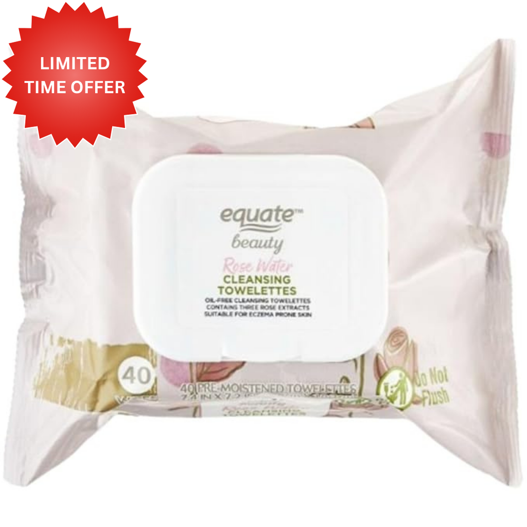 Equate Beauty Rose Water Cleansing Towelettes, Oil-Free, Pre-Moistened, 40 Count, Suitable for Eczema Prone Skin (2 PACK)