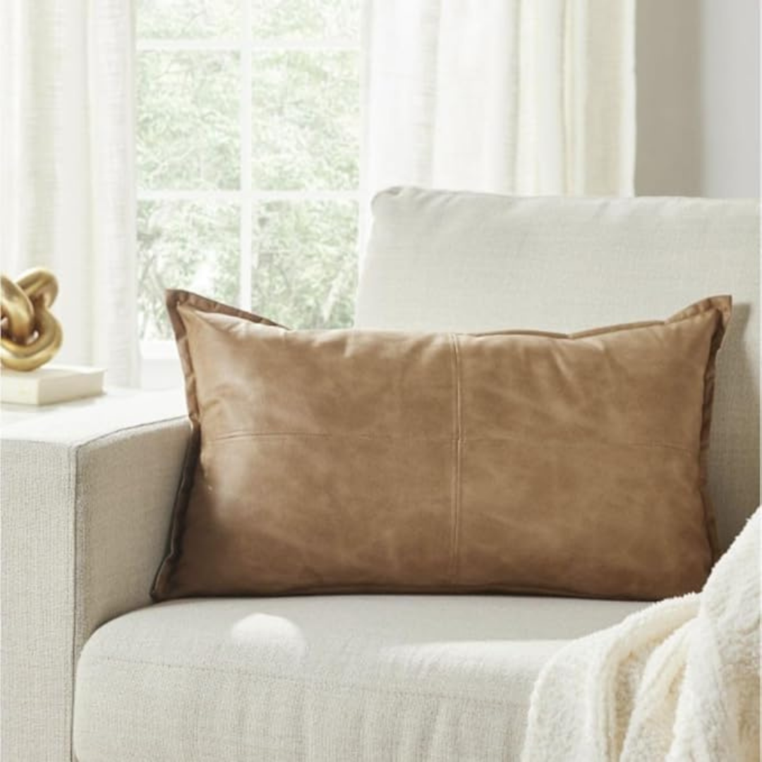 Blazeeria & Co Genuine Beige Leather Pillow Cover Case for Lumbar Throw Couch Pillows - Modern Farmhouse Decorative Sofa Thick & Soft Cushion Covers (Beige, 14" x 24")