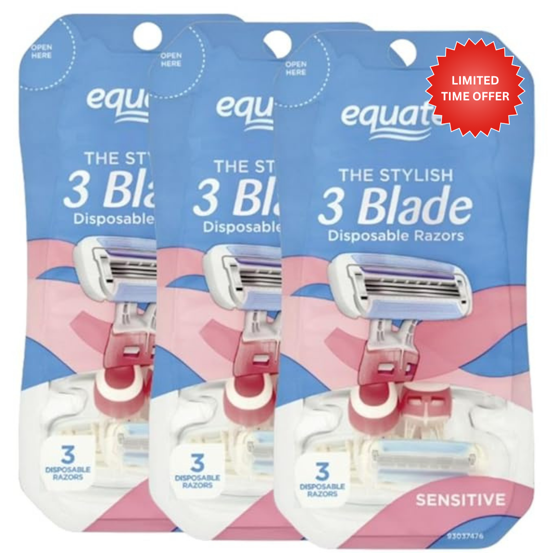 Equate The Stylish 3 Blade Disposable Razors for Women, Sensitive, with Shea Butter and Vitamin E, (3 PACK) 9 Count