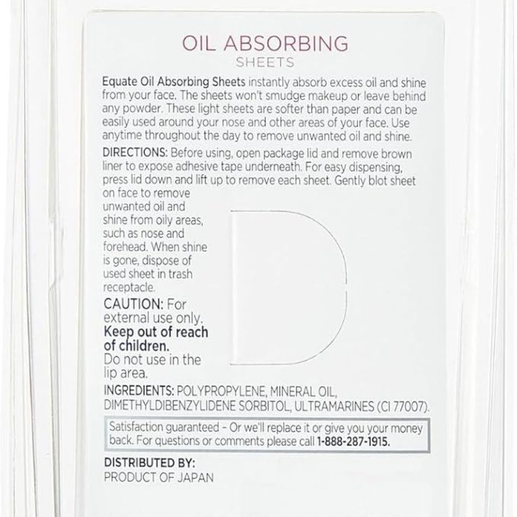 Equate Beauty Oil Absorbing Sheets, 100 Sheets, 1.9 x 3.1 Inches, Fragrance Free (2 PACK)