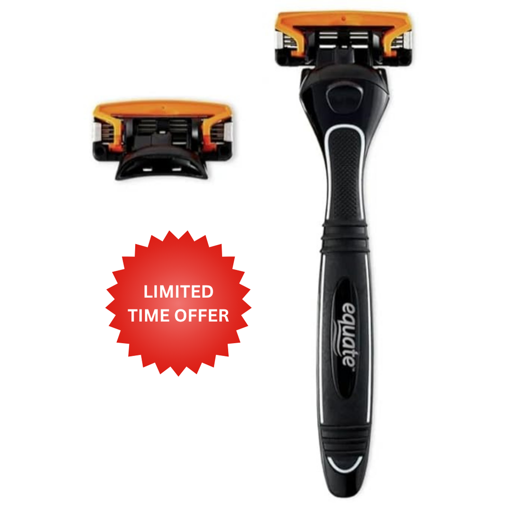 Equate 5 Blade Razor with Trimmer, Triple Coated Blades, Lubrication Strips, Flip Back Trimmer, 1 Razor and 2 Refills, 2 Pack