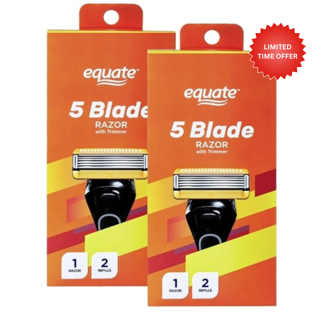 Equate 5 Blade Razor with Trimmer, Triple Coated Blades, Lubrication Strips, Flip Back Trimmer, 1 Razor and 2 Refills, 2 Pack