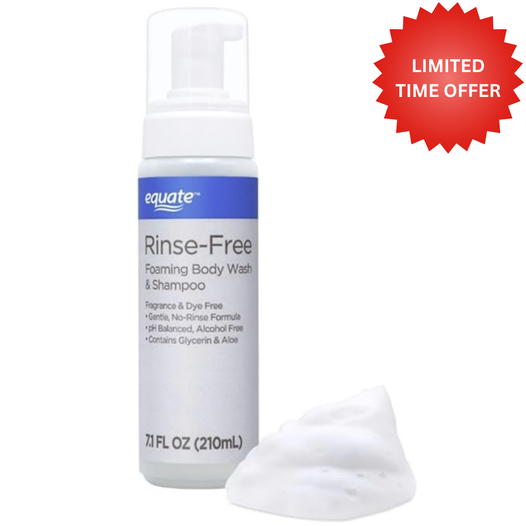 Equate Rinse-Free Foaming Body Wash and Shampoo, Fragrance and Dye Free, 7.1 fl oz, 3 Pack