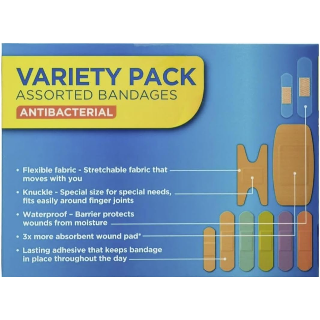 Assorted Bandages Variety Pack, 120 Count, Styles Including Antibacterial, Waterproof, Sheer, Plastic, Heavy Duty & Flex-Fabric, Protects Scrapes, Cuts & Burns, Latex-Free