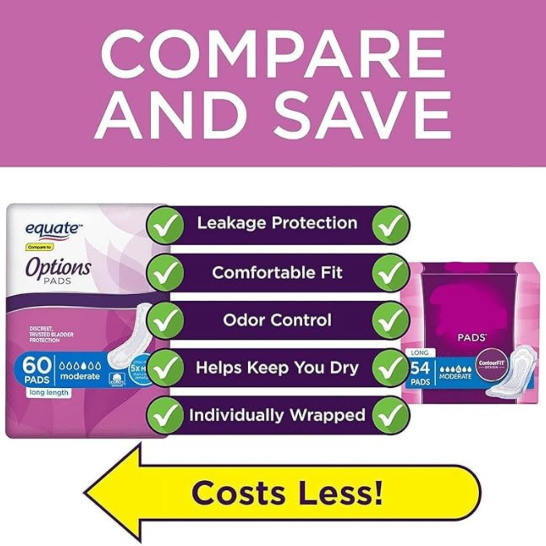 Equate Options Women's Incontinence Pads, Moderate Absorbency, Long Length (60 Count)
