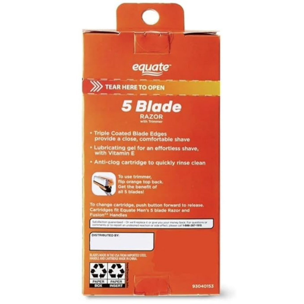 Equate 5 Blade Razor with Trimmer, Triple Coated Blades, Lubrication Strips, Flip Back Trimmer, 1 Razor and 2 Refills, 2 Pack