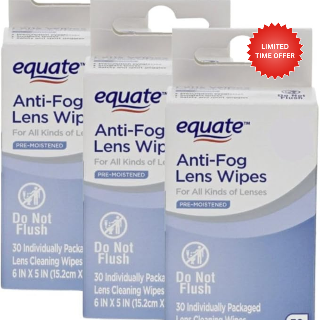 Equate Anti-Fog Lens Wipes, Pre-Moistened, for All Kinds of Lenses, 6x5 Inches, 30 Count, 3 Pack