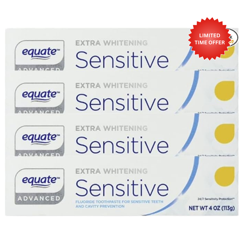 Equate Advanced Sensitive Extra Whitening Fluoride Toothpaste, 4 oz, 4 Pack, Cavity Protection