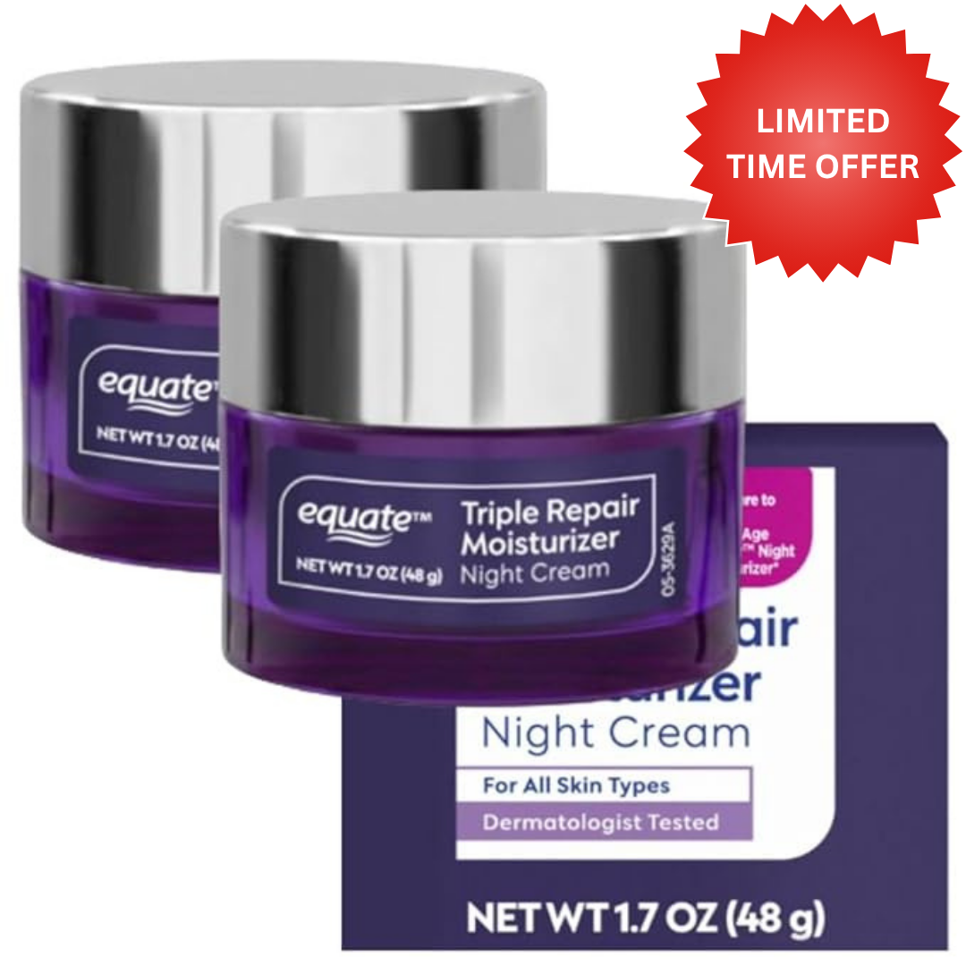 Equate Triple Repair Moisturizer Night Cream, For All Skin Types, Dermatologist Tested, 1.7 oz, (2 Pack)
