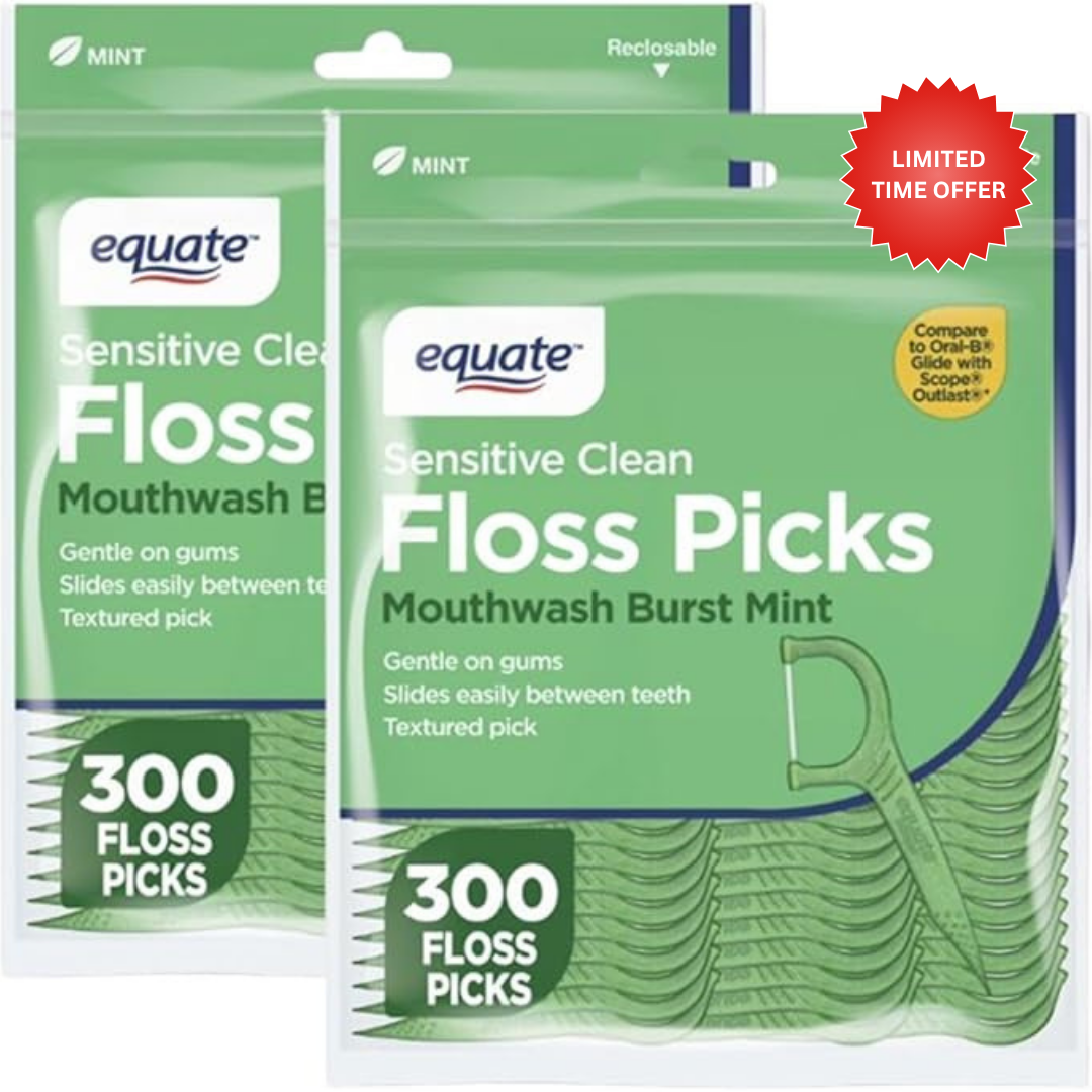 Equate Sensitive Clean Floss Picks, Mouthwash Burst Mint, Gentle on Gums, 300 Count, 2 Pack