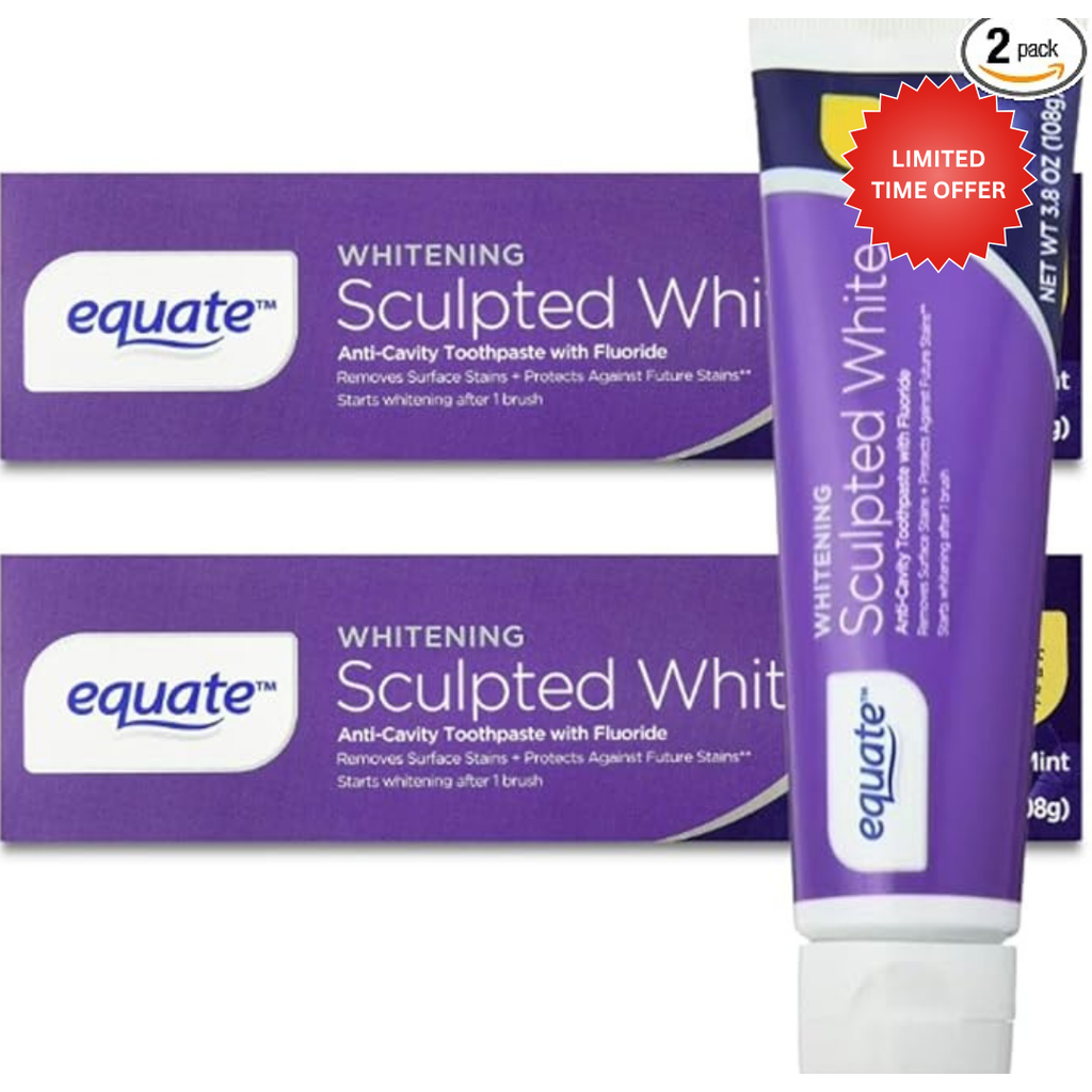 Equate Sculpted White Whitening Anti-Cavity Toothpaste with Fluoride, Fresh Mint, 3.8 oz, 2 Pack