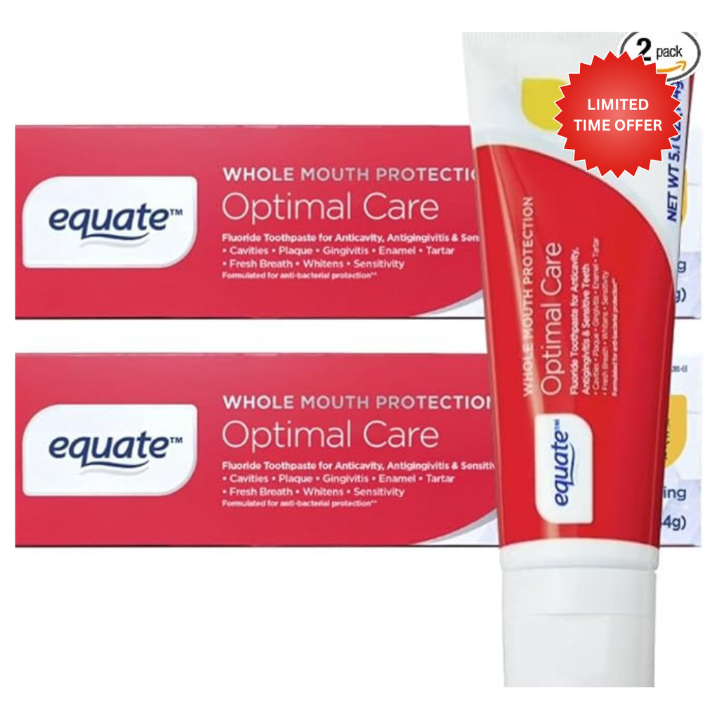 Equate Optimal Care Whole Mouth Protection Fluoride Toothpaste, Anticavity, Antigingivitis, Whitening, 5.1 oz, 2 Pack