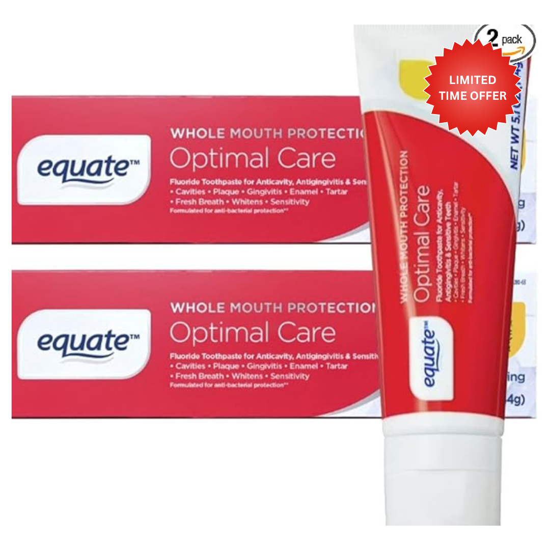 Equate Optimal Care Whole Mouth Protection Fluoride Toothpaste, Anticavity, Antigingivitis, Whitening, 5.1 oz, 2 Pack