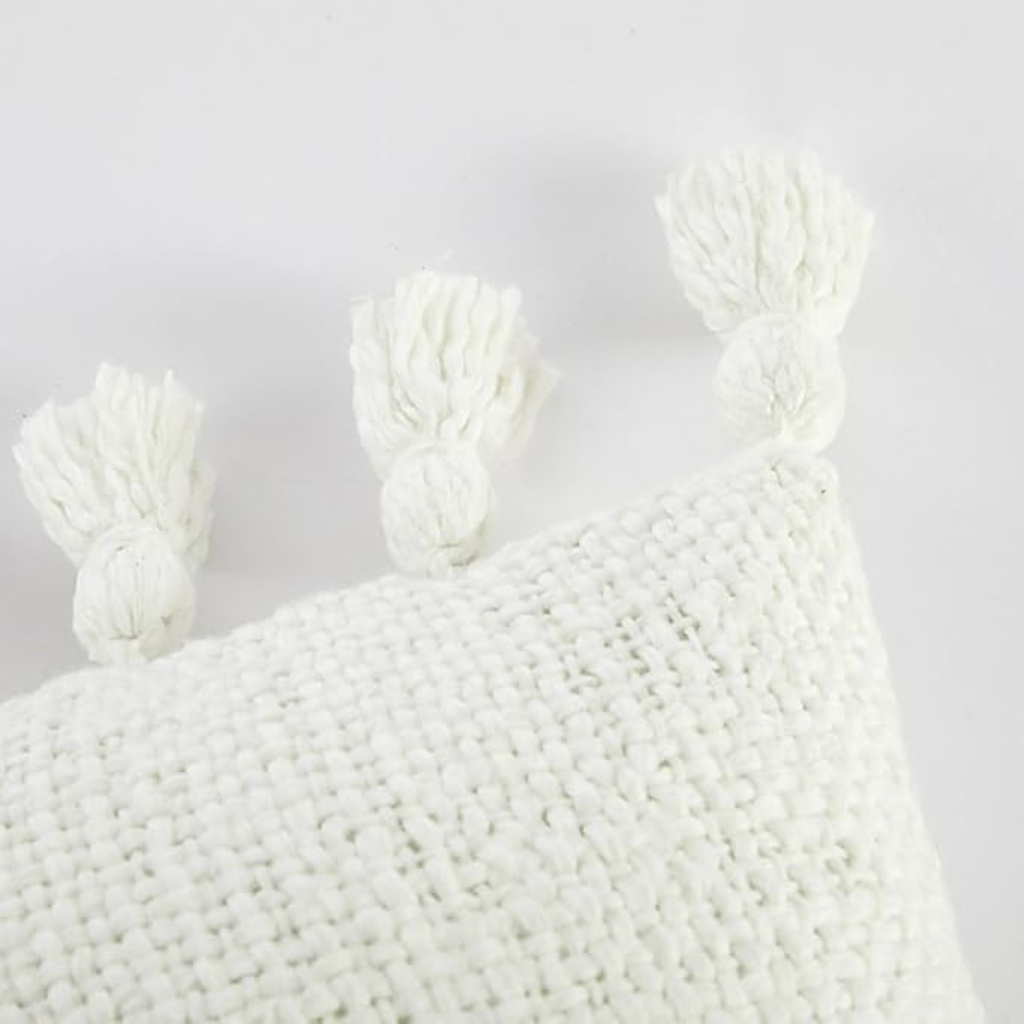 Blazeeria & Co Boucle Oblong Decorative Pure Cotton Pillow with Fringe 14 in x 24 in (White)