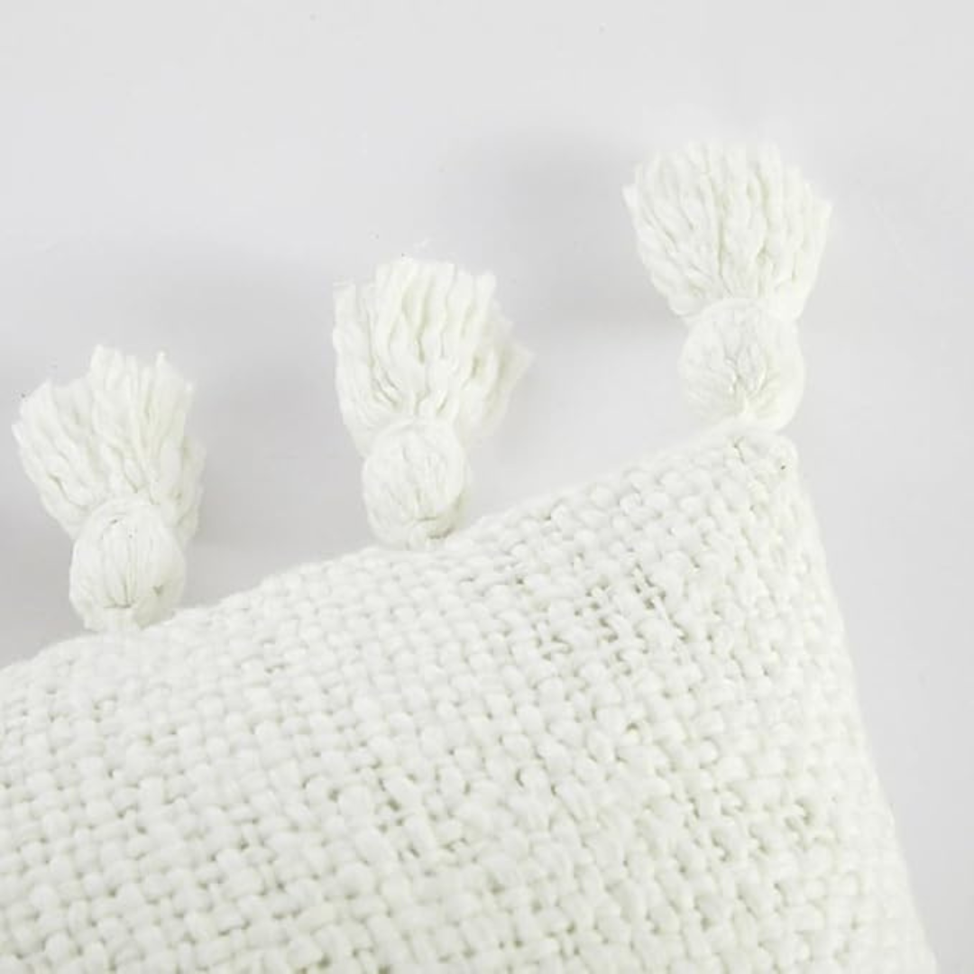 Blazeeria & Co Boucle Oblong Decorative Pure Cotton Pillow with Fringe 14 in x 24 in (White)