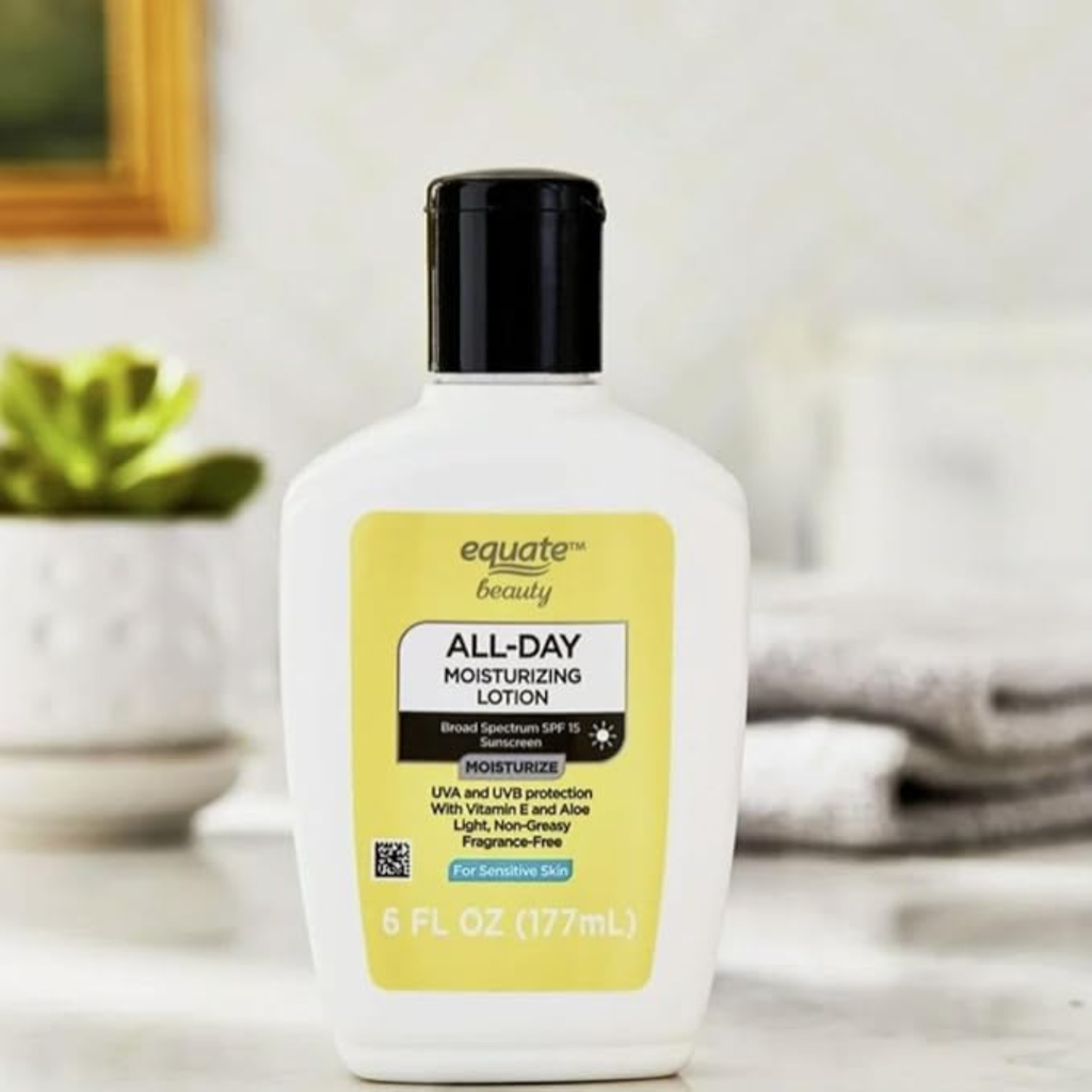 Equate Beauty All-Day Moisturizing Lotion, SPF 15 Broad Spectrum Sunscreen, Sensitive Skin, Vitamin E and Aloe, Fragrance-Free, 6 fl oz