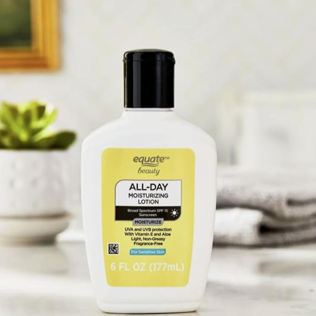 Equate Beauty All-Day Moisturizing Lotion, SPF 15 Broad Spectrum Sunscreen, Sensitive Skin, Vitamin E and Aloe, Fragrance-Free, 6 fl oz
