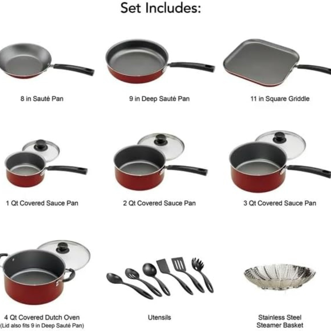 Blazeeria Primaware 18 Piece Nonstick Pots & Pans Cookware Set Kitchen Kitchenware Cooking NEW (RED)