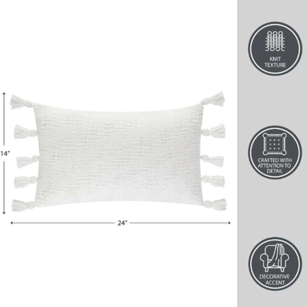 Blazeeria & Co Boucle Oblong Decorative Pure Cotton Pillow with Fringe 14 in x 24 in (White)