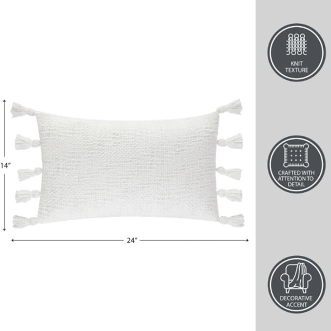 Blazeeria & Co Boucle Oblong Decorative Pure Cotton Pillow with Fringe 14 in x 24 in (White)