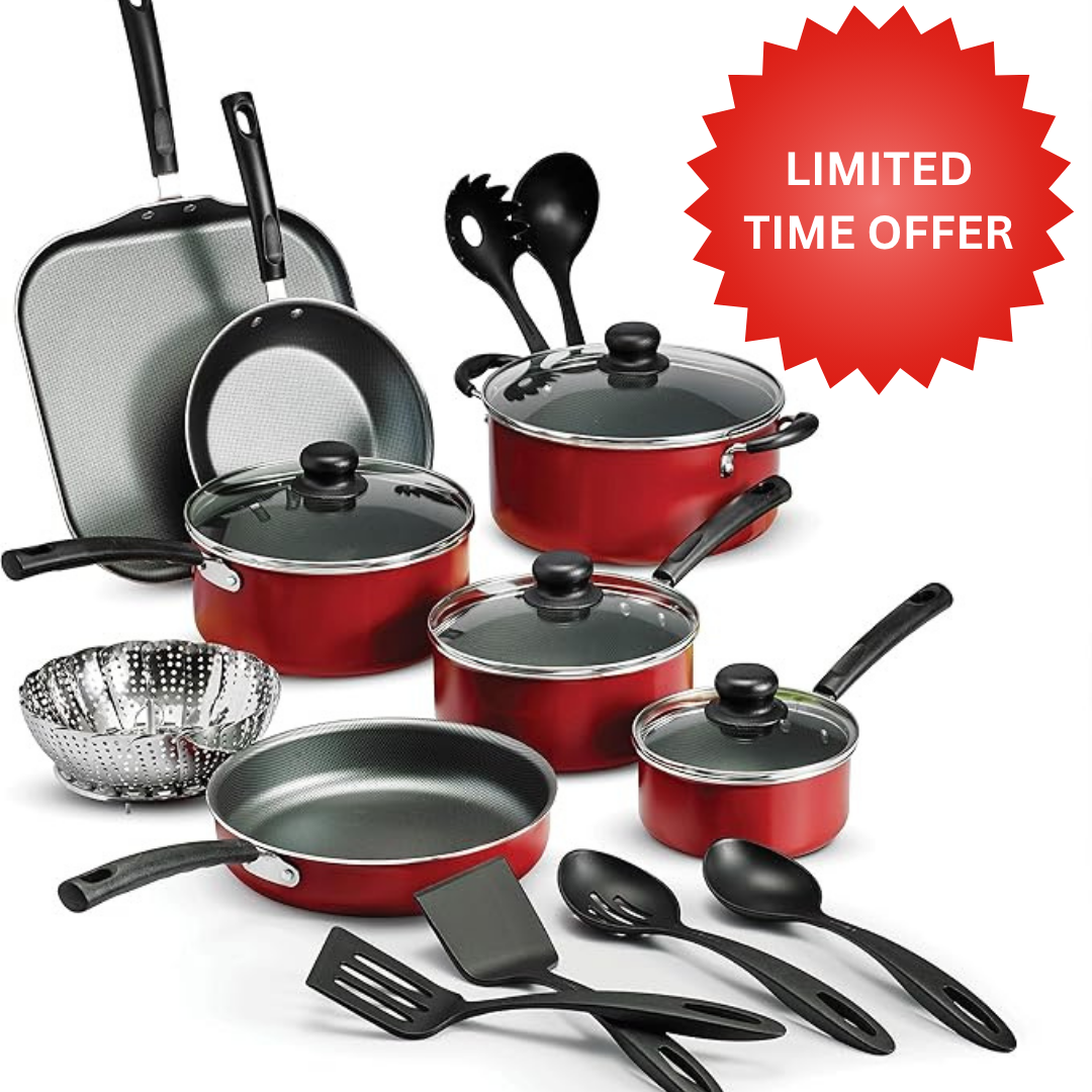 Tramontina 18 Piece Nonstick Cookware Set - Red - Aluminum Construction, Dishwasher Safe, Compatible with Gas, Electric, Ceramic Cooktops - Includes Sauté Pans, Griddle, Dutch Oven, Cooking Utensils