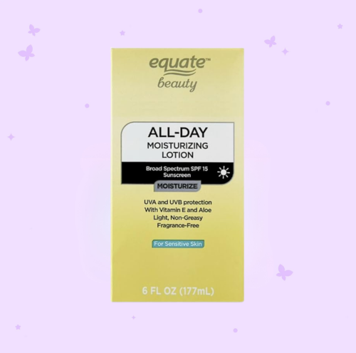 Equate Beauty All-Day Moisturizing Lotion, SPF 15 Broad Spectrum Sunscreen, Sensitive Skin, Vitamin E and Aloe, Fragrance-Free, 6 fl oz