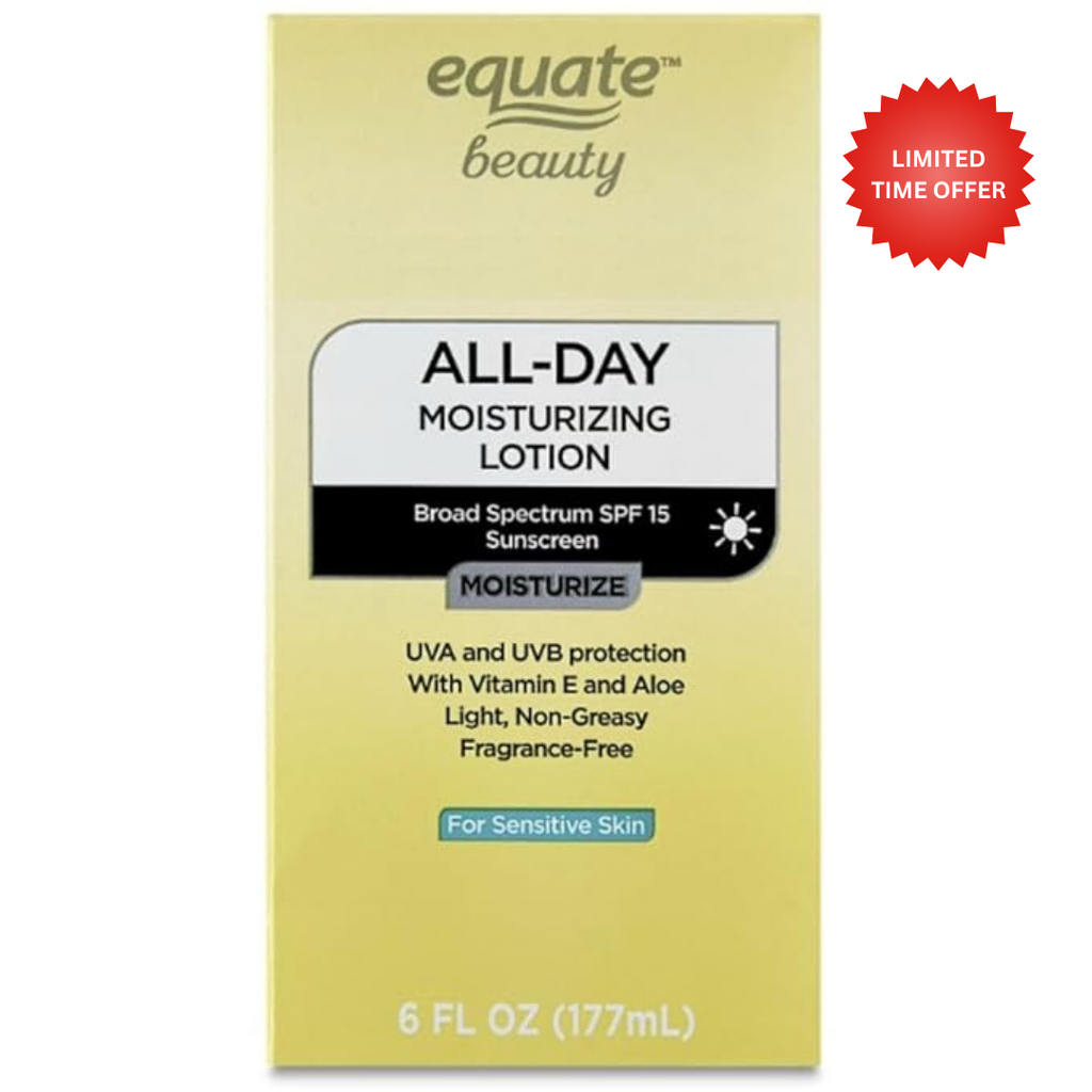 Equate Beauty All-Day Moisturizing Lotion, SPF 15 Broad Spectrum Sunscreen, Sensitive Skin, Vitamin E and Aloe, Fragrance-Free, 6 fl oz