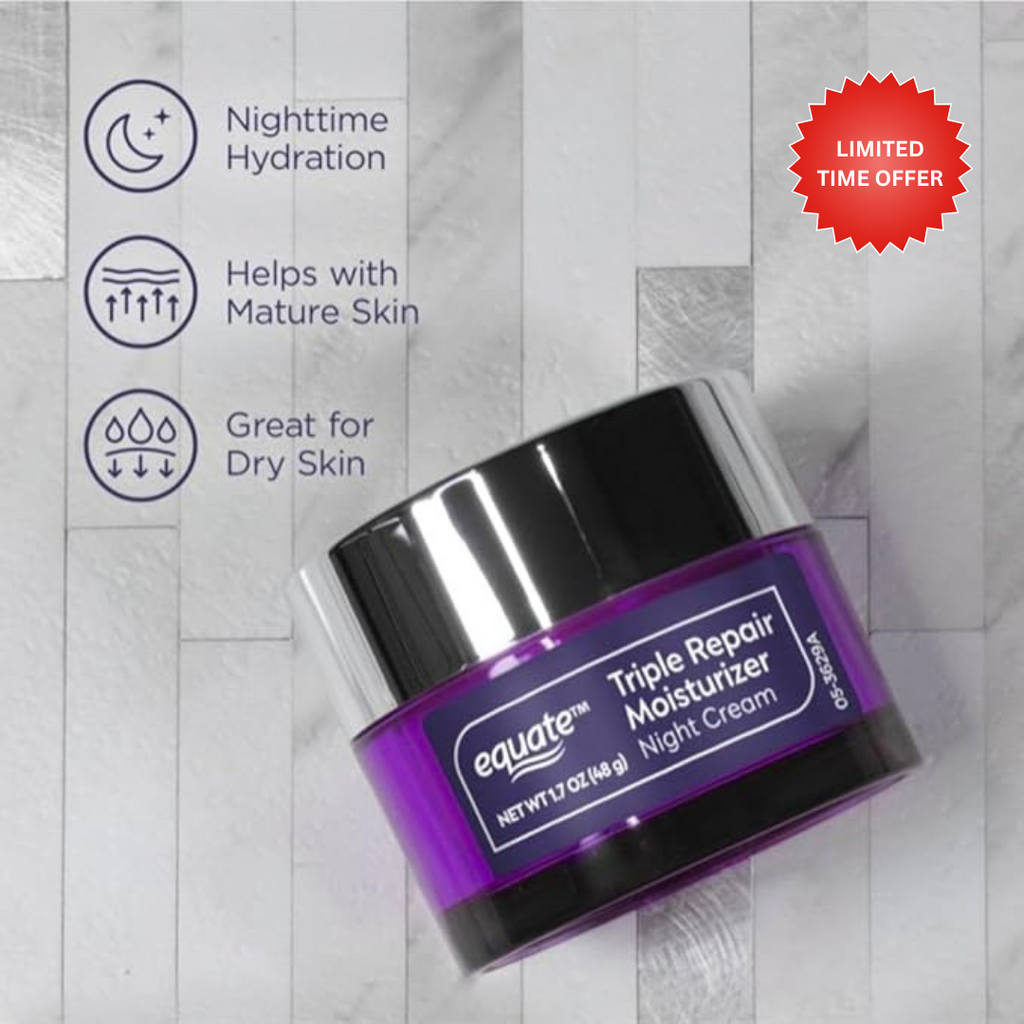 Equate Triple Repair Moisturizer Night Cream, For All Skin Types, Dermatologist Tested, 1.7 oz, (2 Pack)