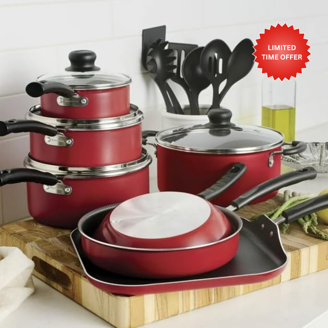 Blazeeria Primaware 18 Piece Nonstick Pots & Pans Cookware Set Kitchen Kitchenware Cooking NEW (RED)