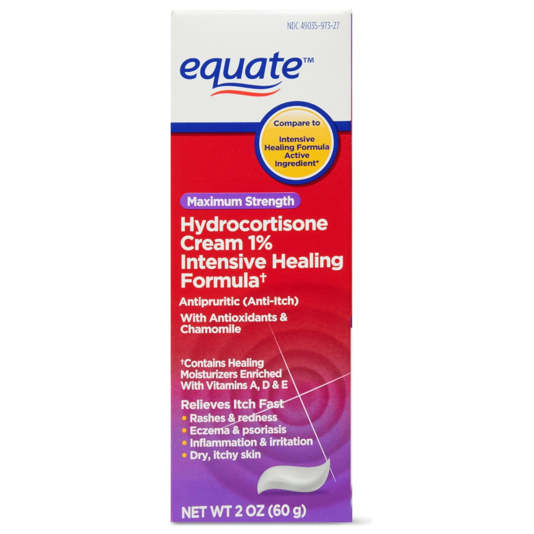 Equate Hydrocortisone Intense Healing Cream, 2 oz, 1 Percent Intensive Healing Formula, Itch Relief for Bug Bites, Eczema, Psoriasis, Poison Ivy, Oak and Sumac, 2 Ounce (Pack of 3)