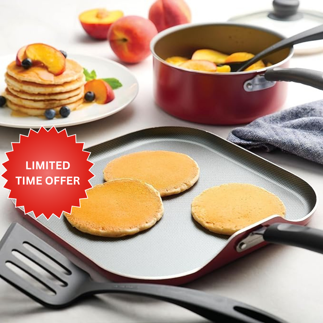 Tramontina 18 Piece Nonstick Cookware Set - Red - Aluminum Construction, Dishwasher Safe, Compatible with Gas, Electric, Ceramic Cooktops - Includes Sauté Pans, Griddle, Dutch Oven, Cooking Utensils