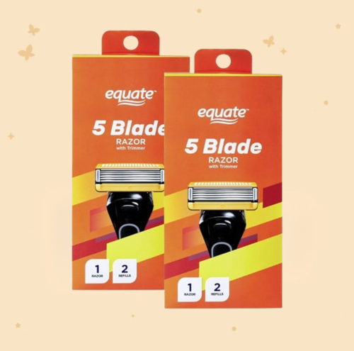 Equate 5 Blade Razor with Trimmer, Triple Coated Blades, Lubrication Strips, Flip Back Trimmer, 1 Razor and 2 Refills, 2 Pack