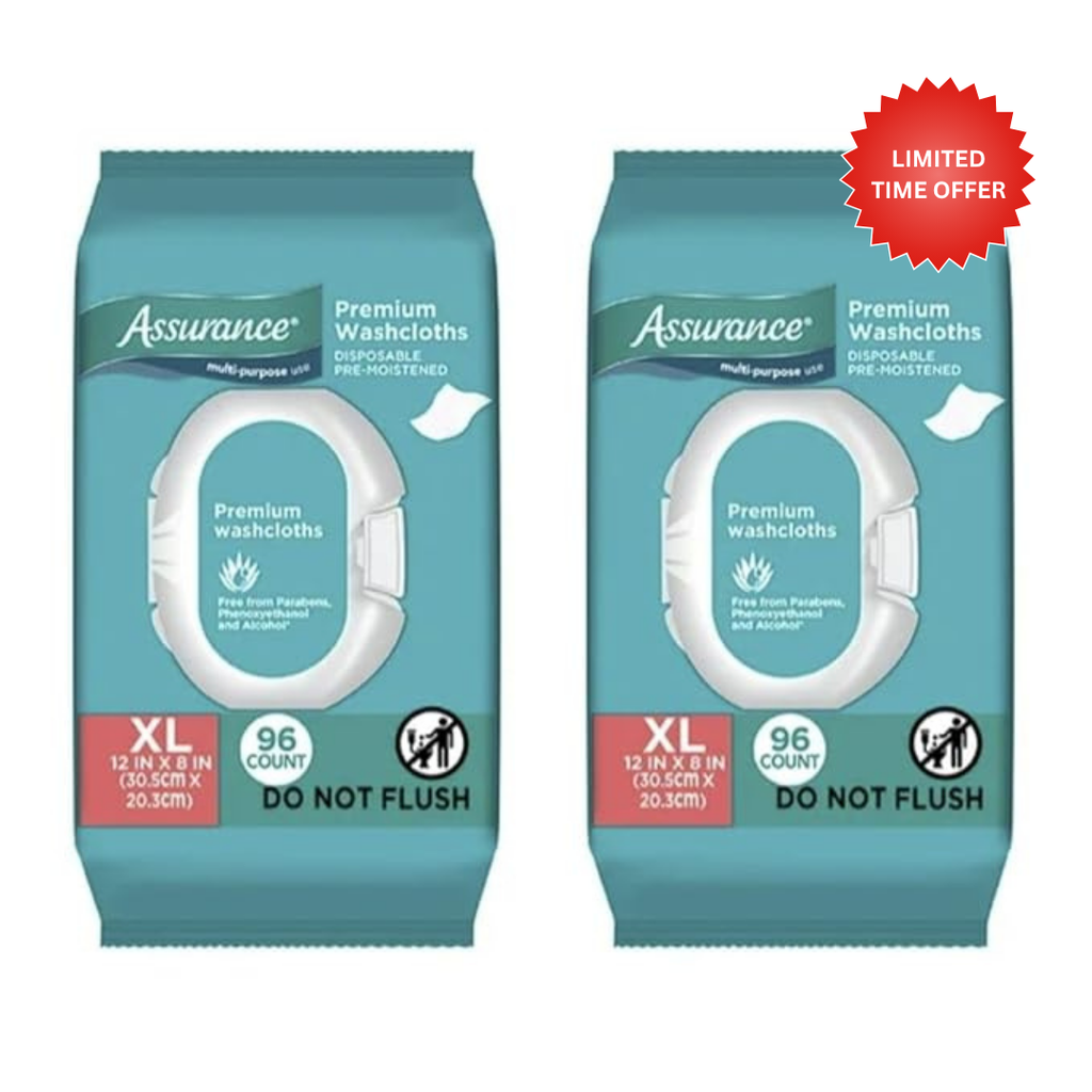 Assurance Pre-Moistened Extra Large Disposable Washcloths, 192ct (2 Packs of 96 Counts)
