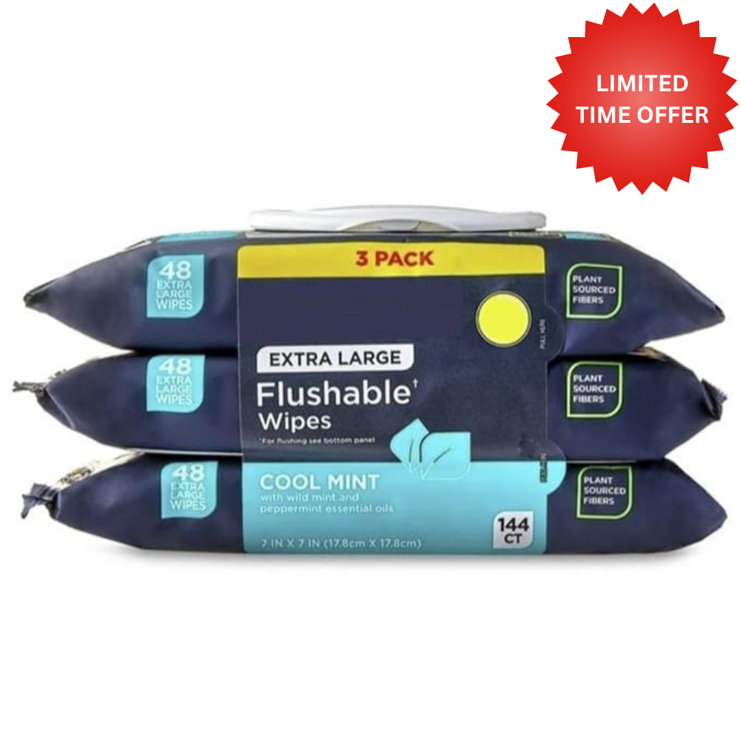 Flushable Wipes - 3 Pack, 144 Wipes - Cool Mint Extra-Large Adult Wet Wipes - Mentha Arvensis Leaf, Mentha Piperita, Oils - Septic and Sewer Safe