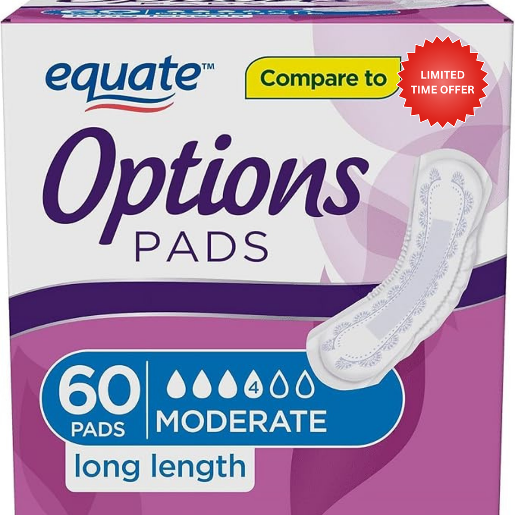 Equate Options Women's Incontinence Pads, Moderate Absorbency, Long Length (60 Count)