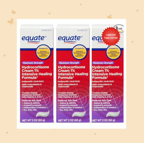 Equate Hydrocortisone Intense Healing Cream, 2 oz, 1 Percent Intensive Healing Formula, Itch Relief for Bug Bites, Eczema, Psoriasis, Poison Ivy, Oak and Sumac, 2 Ounce (Pack of 3)