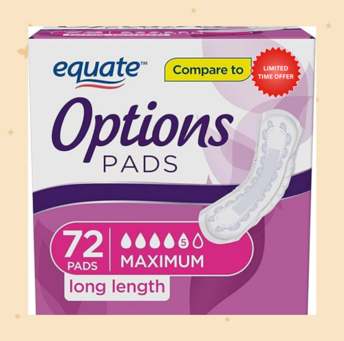 Equate Options Women's Incontinence Pads, Maximum Absorbency, Long Length (72 Count)
