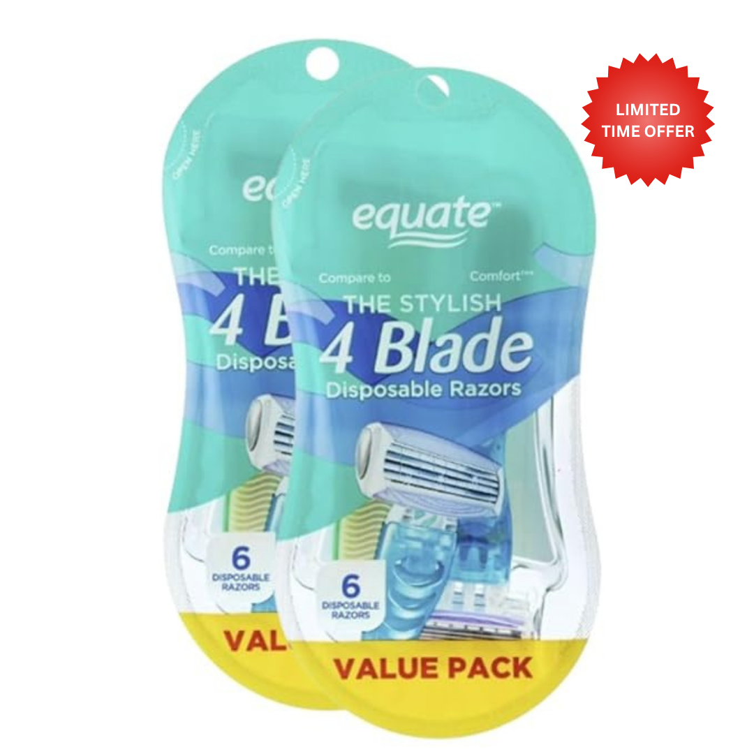 Equate 4 Blade Disposable Razors for Women, Vitamin E Lubricating Strip, Pivoting Head, 6 Count, Value Pack (2 PACK)