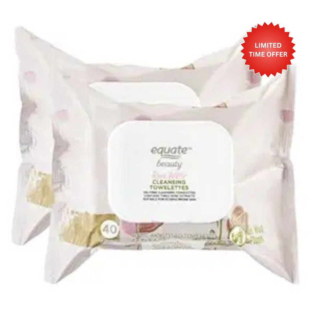 Equate Beauty Rose Water Cleansing Towelettes, Oil-Free, Pre-Moistened, 40 Count, Suitable for Eczema Prone Skin (2 PACK)