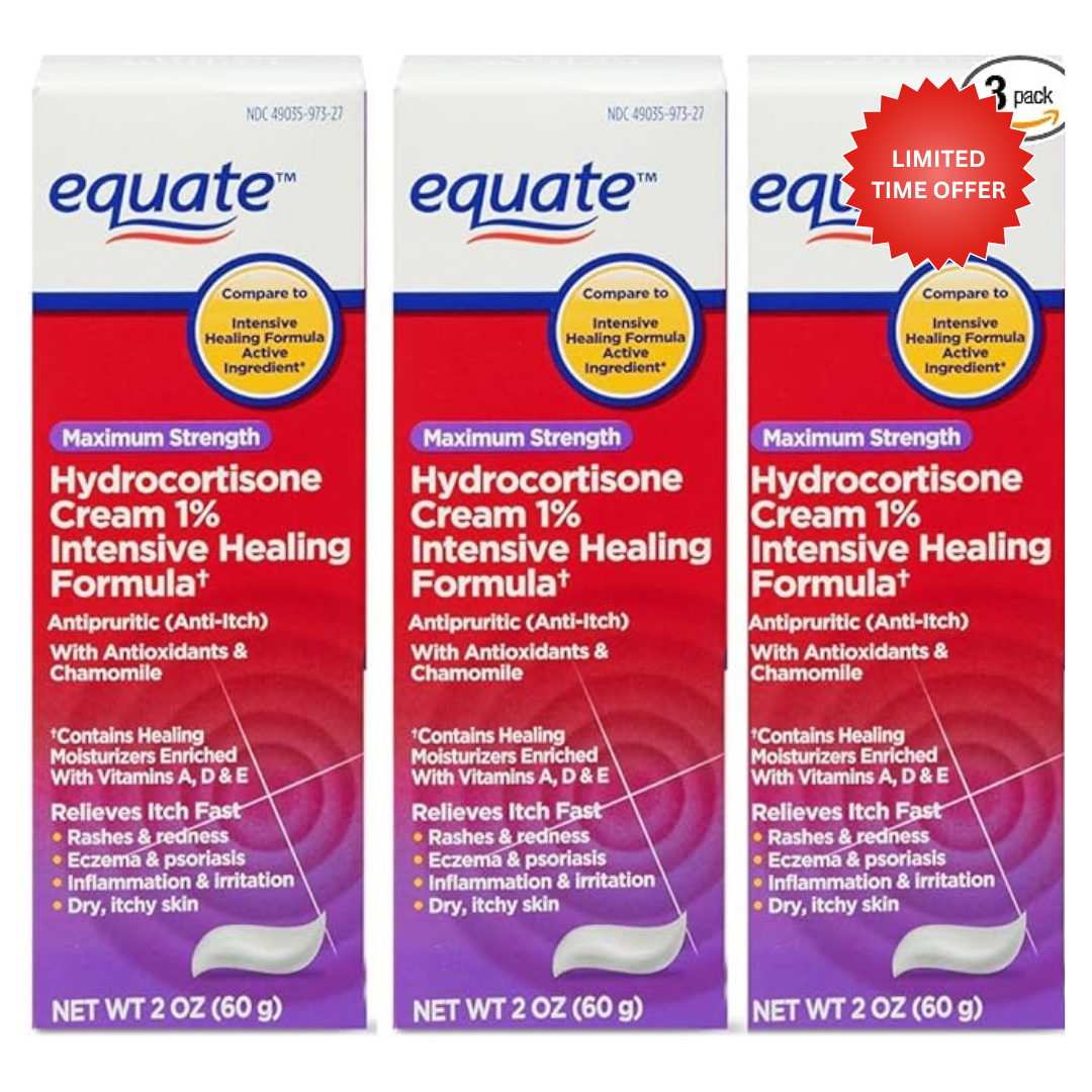 Equate Hydrocortisone Intense Healing Cream, 2 oz, 1 Percent Intensive Healing Formula, Itch Relief for Bug Bites, Eczema, Psoriasis, Poison Ivy, Oak and Sumac, 2 Ounce (Pack of 3)