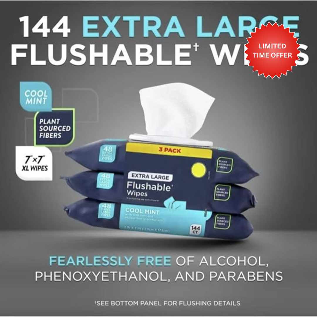 Flushable Wipes - 3 Pack, 144 Wipes - Cool Mint Extra-Large Adult Wet Wipes - Mentha Arvensis Leaf, Mentha Piperita, Oils - Septic and Sewer Safe