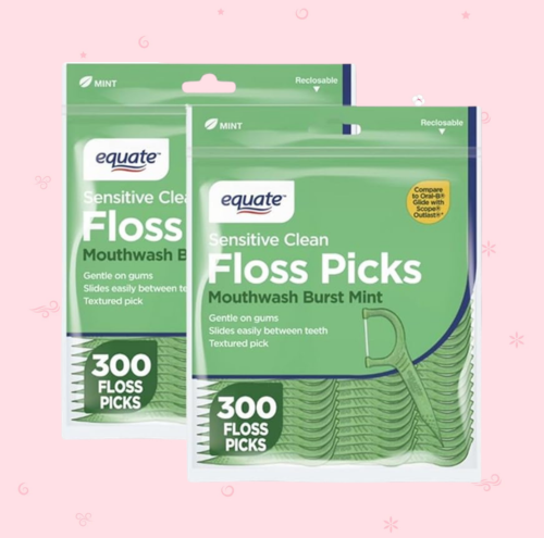 Equate Sensitive Clean Floss Picks, Mouthwash Burst Mint, Gentle on Gums, 300 Count, 2 Pack