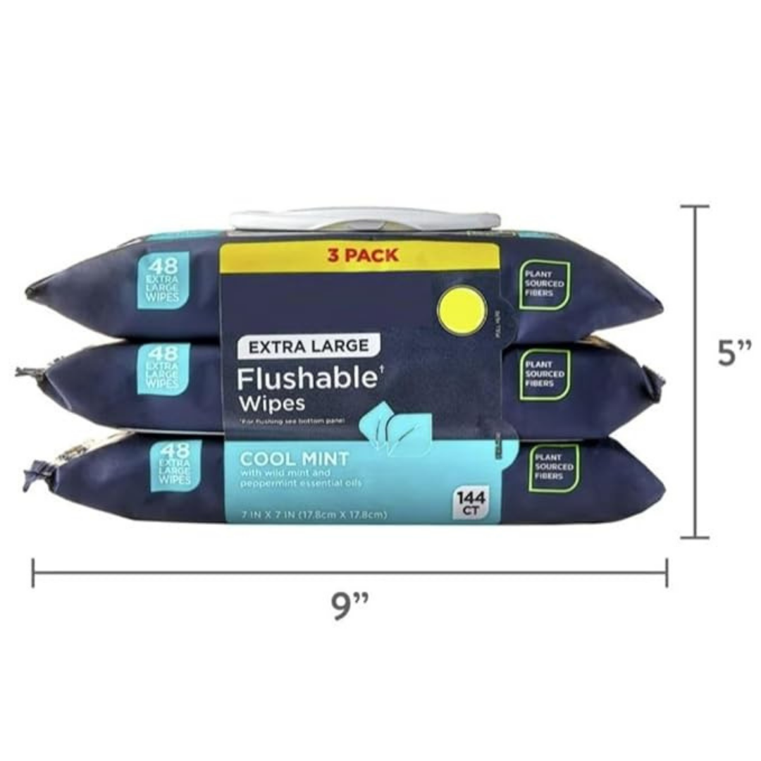 Flushable Wipes - 3 Pack, 144 Wipes - Cool Mint Extra-Large Adult Wet Wipes - Mentha Arvensis Leaf, Mentha Piperita, Oils - Septic and Sewer Safe