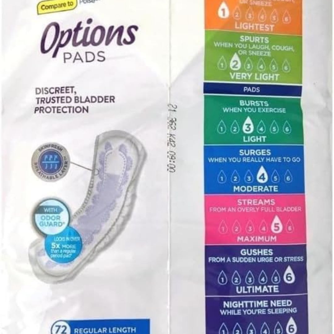 Equate Options Incontinence Pads for Women, Ultimate Absorbency, RegularLength (72 Count)