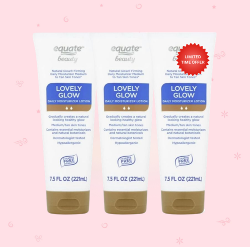 Equate Beauty Lovely Glow Daily Moisturizer Lotion, Medium to Tan Skin Tones, Hypoallergenic, 7.5 fl oz, 3 Pack
