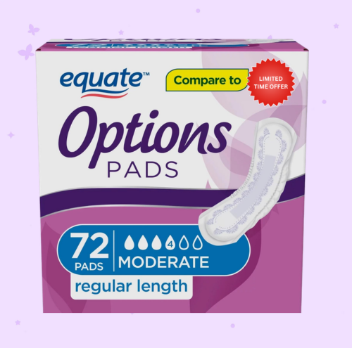Equate Options Incontinence Pads for Women, Ultimate Absorbency, RegularLength (72 Count)