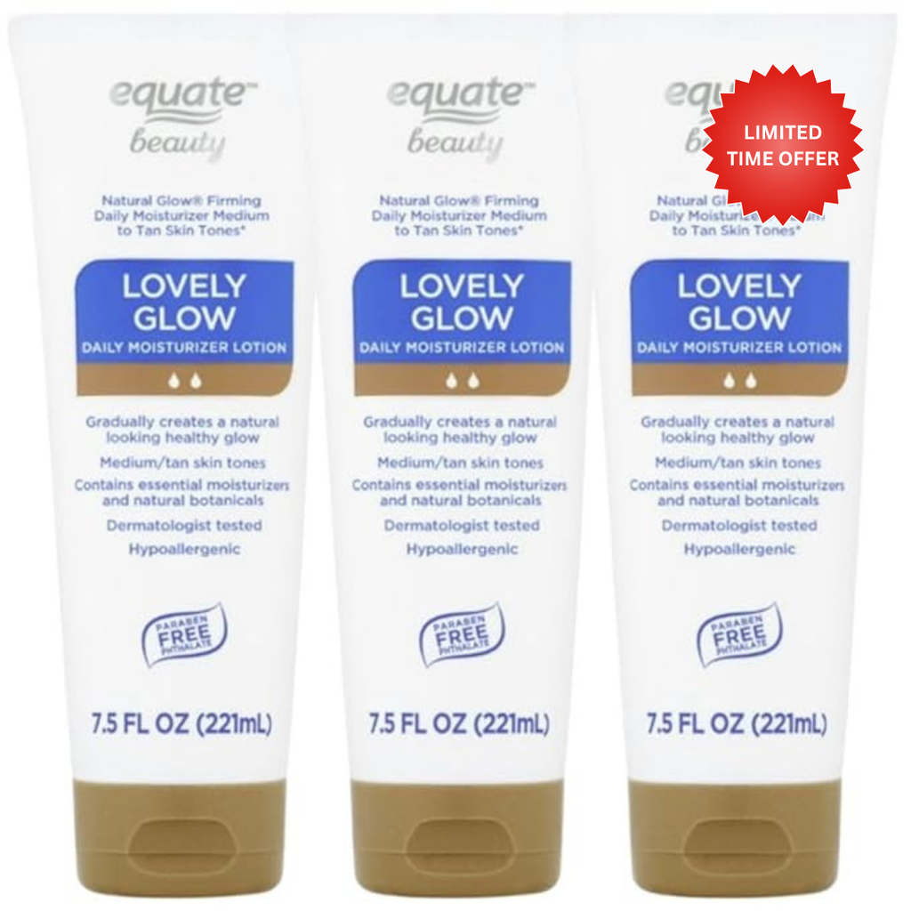 Equate Beauty Lovely Glow Daily Moisturizer Lotion, Medium to Tan Skin Tones, Hypoallergenic, 7.5 fl oz, 3 Pack