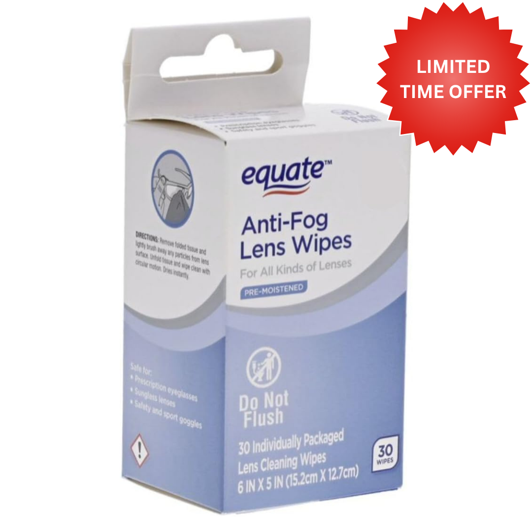 Equate Anti-Fog Lens Wipes, Pre-Moistened, for All Kinds of Lenses, 6x5 Inches, 30 Count, 3 Pack