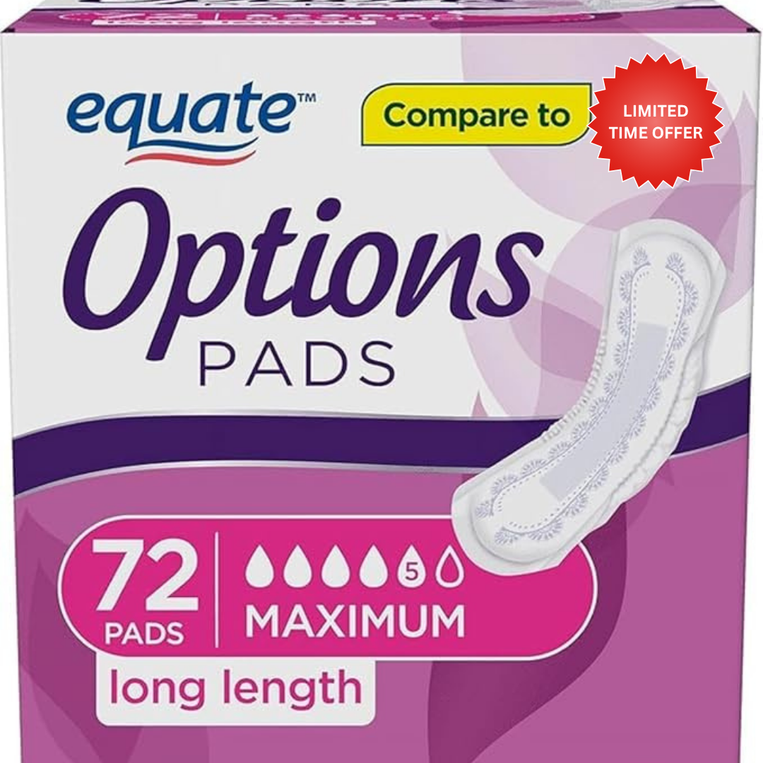 Equate Options Women's Incontinence Pads, Maximum Absorbency, Long Length (72 Count)